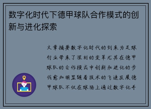 数字化时代下德甲球队合作模式的创新与进化探索