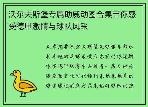 沃尔夫斯堡专属助威动图合集带你感受德甲激情与球队风采