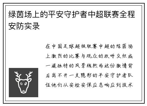 绿茵场上的平安守护者中超联赛全程安防实录